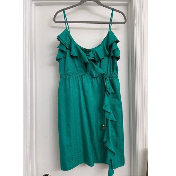 Milly 100% Silk Ruffle Dress Wedding Guest Fairycore Romantic Teal Green Sz L - Picture 1 of 9